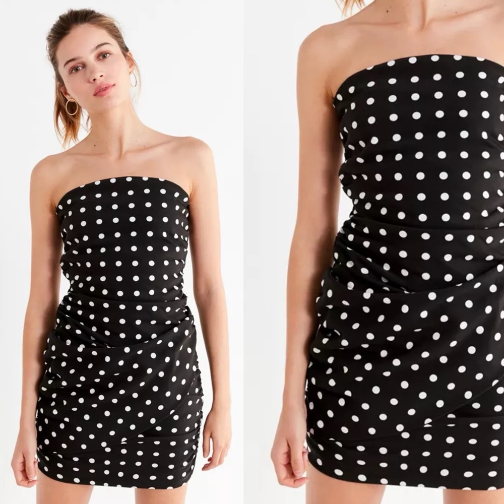 LIONESS You Spin Me Round Black and White Polka Dot Strapless Dress